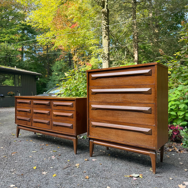 Pair of Vintage Mid-Century Modern Walnut Highboy & Lowboy Dressers with Sculpted Wood Pulls