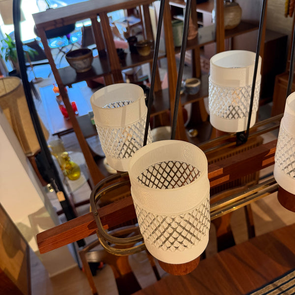Danish Modern Teak & Brass 6-Light Chandelier with Textured Glass Shades