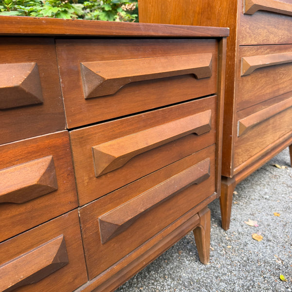 Pair of Vintage Mid-Century Modern Walnut Highboy & Lowboy Dressers with Sculpted Wood Pulls