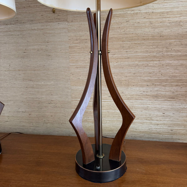 Pair of Sculptural Mid Century Modern Walnut and Brass Table Lamps