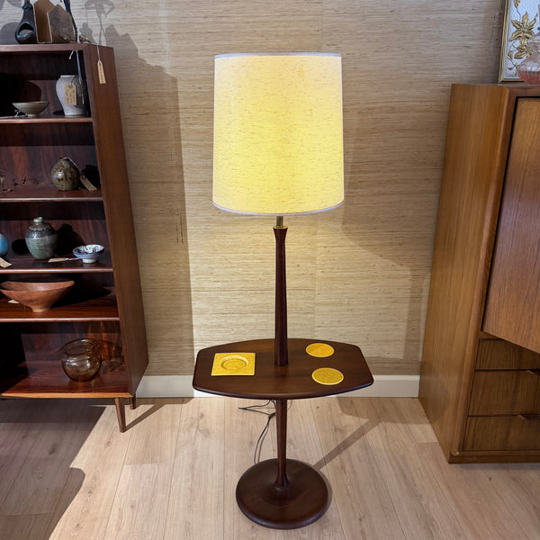 Vintage Mid-Century Modern Walnut Laurel-Style Floor Lamp Table with Ceramic Ashtray & Coasters