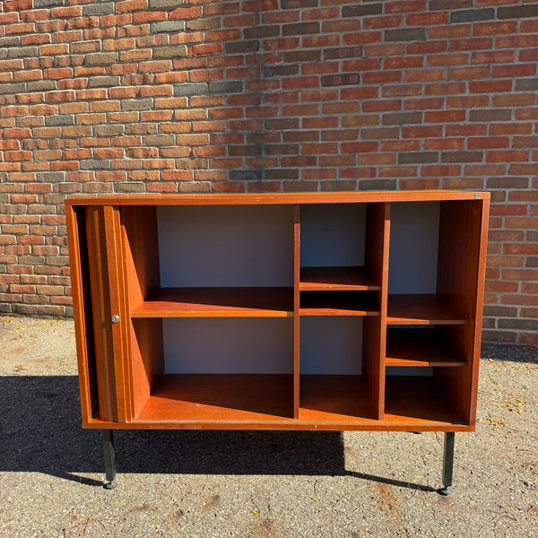 1960s Danish Modern NIPU Teak Tambour Door Storage Cabinet