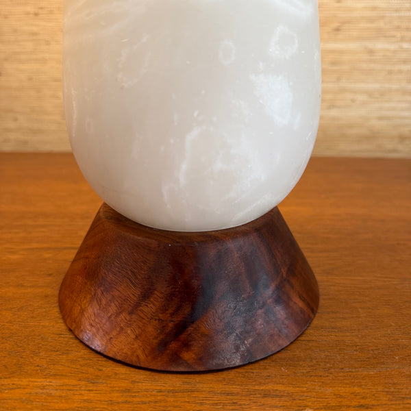 Pair of Italian Alabaster and Teak Table Lamps Original Shades and Finials