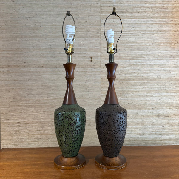 Pair of Mid Century Modern Walnut and Ceramic Table Lamps with Original Shades