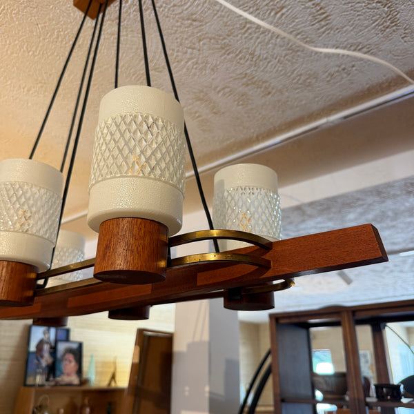Danish Modern Teak & Brass 6-Light Chandelier with Textured Glass Shades