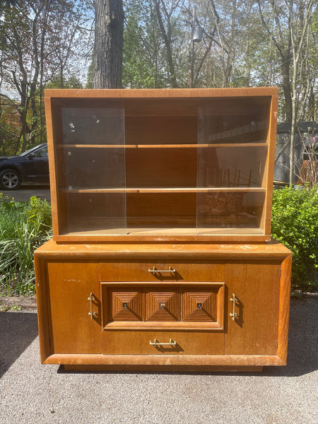 Mid Century Modern Two-Piece Brutalist Style Hutch with Brass Hardware