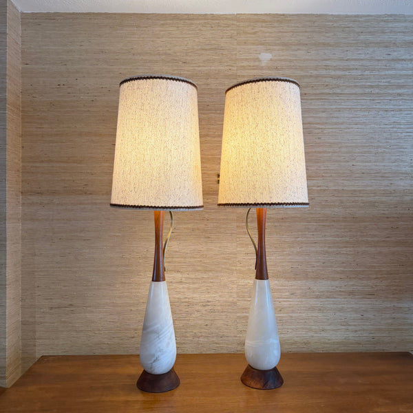 Pair of Italian Alabaster and Teak Table Lamps Original Shades and Finials