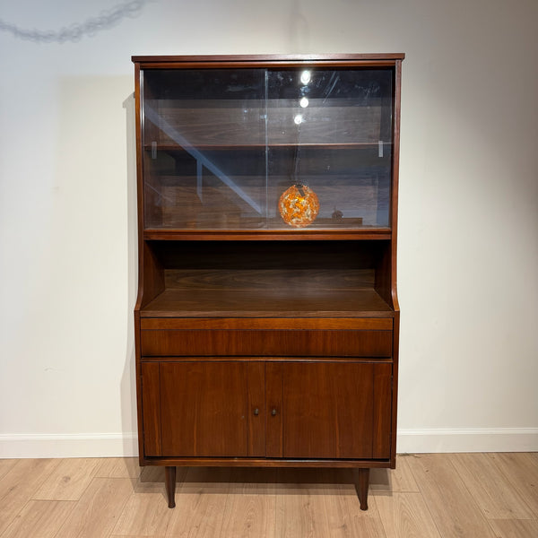 Mid Century Modern Walnut Display Hutch with Sliding Glass Doors