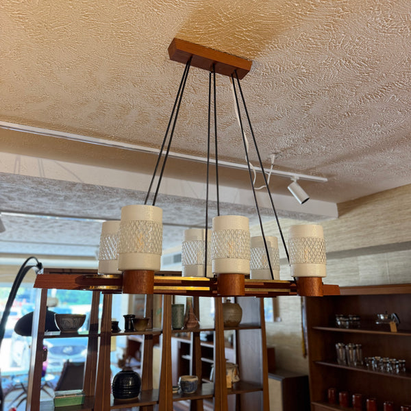 Danish Modern Teak & Brass 6-Light Chandelier with Textured Glass Shades