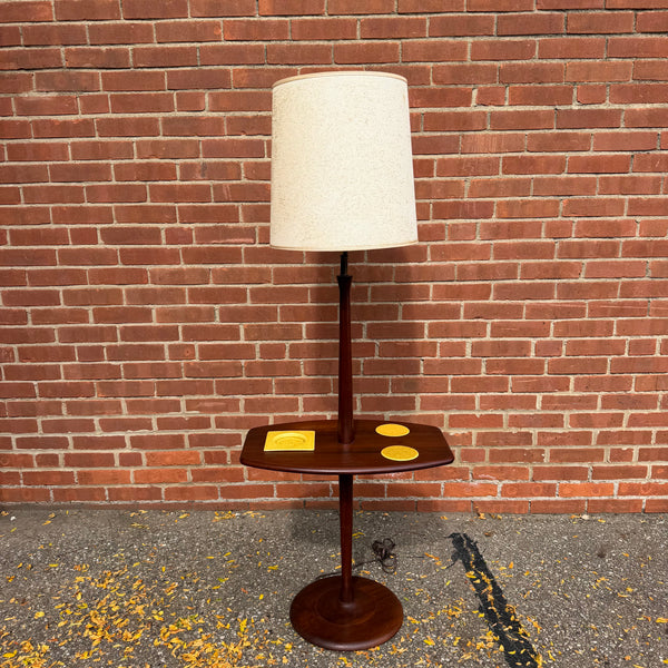 Vintage Mid-Century Modern Walnut Laurel-Style Floor Lamp Table with Ceramic Ashtray & Coasters