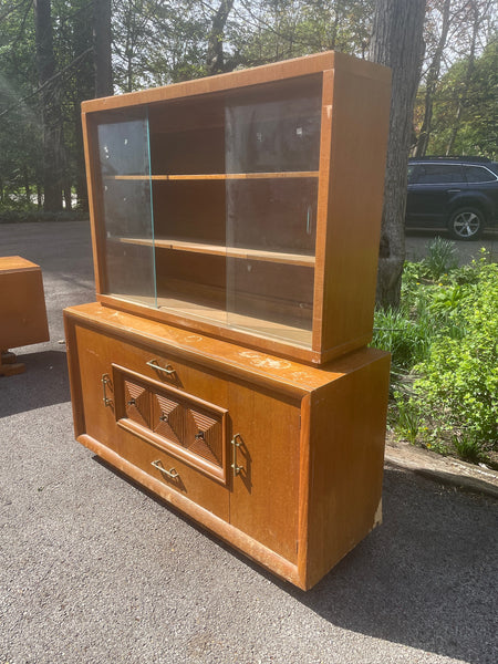 Mid Century Modern Two-Piece Brutalist Style Hutch with Brass Hardware