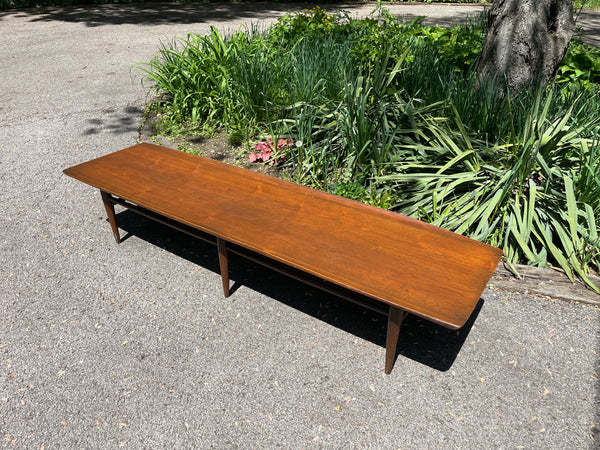Long Mid-Century Basset Furniture Surfboard Walnut Coffee Table