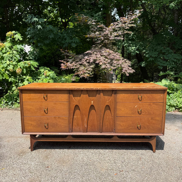 Mid Century Modern Broyhill Brasilia 9 Drawer Walnut Lowboy with Two Mirrors