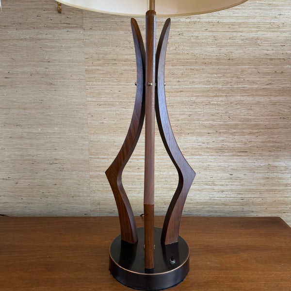 Pair of Sculptural Mid Century Modern Walnut and Brass Table Lamps