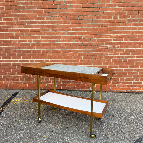 Vintage Salton Hotray Walnut & Brass Rolling Mid-Century Bar Serving Cart | Paul McCobb Style