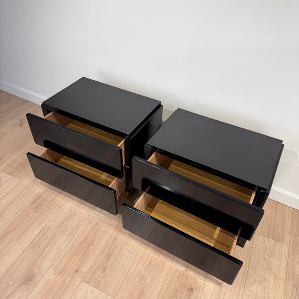 Pair of Black Lacquered Post Modern Nights Stands with Brass Accents