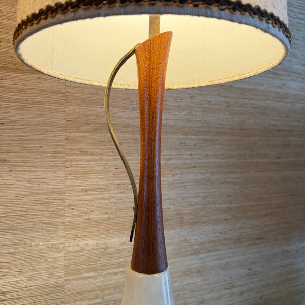Pair of Italian Alabaster and Teak Table Lamps Original Shades and Finials