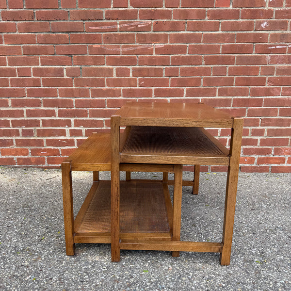 Mid Century Modern Nesting Side Tables with Cane Shelves