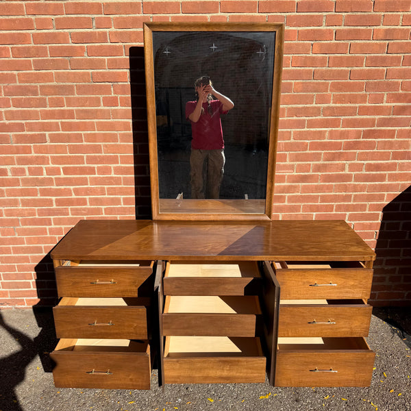 Broyhill Saga Mid-Century Modern Walnut Bedroom Set – Highboy, Lowboy, Pair of Nightstands, Full Headboard & Mirror