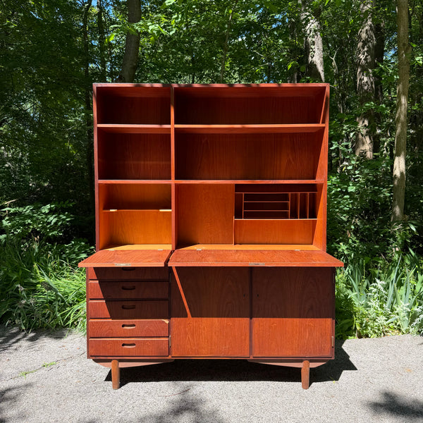 Danish Modern Two-Piece Bookshelf with Drop-Down Secretary Desk Top