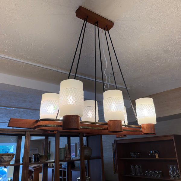Danish Modern Teak & Brass 6-Light Chandelier with Textured Glass Shades
