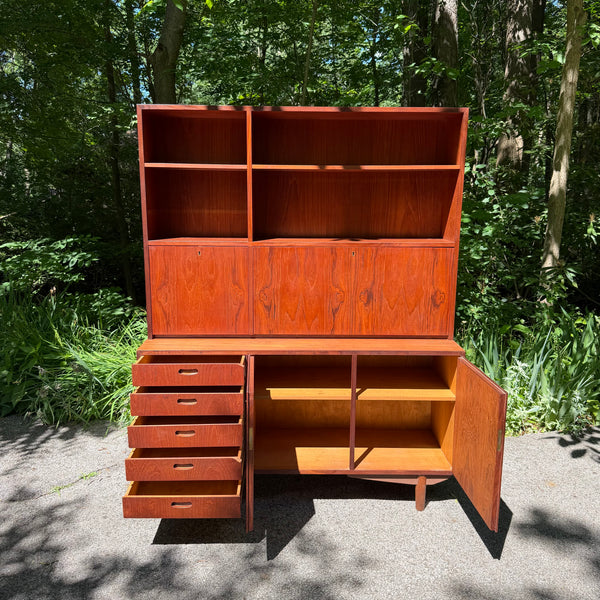 Danish Modern Two-Piece Bookshelf with Drop-Down Secretary Desk Top