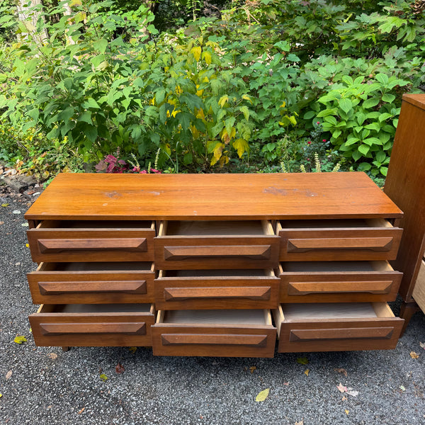 Pair of Vintage Mid-Century Modern Walnut Highboy & Lowboy Dressers with Sculpted Wood Pulls