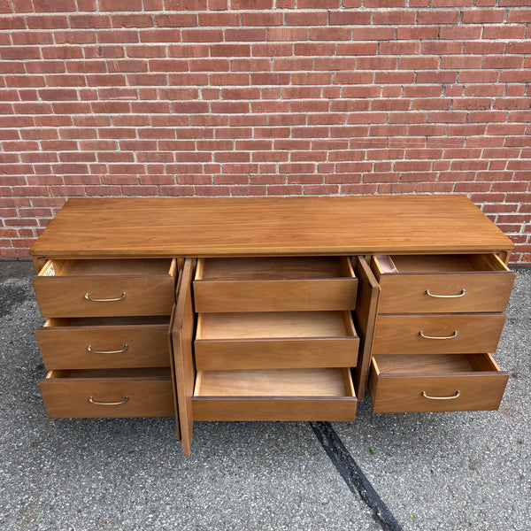 Vintage Broyhill Forward Walnut Lowboy Nine-Drawer Dresser
