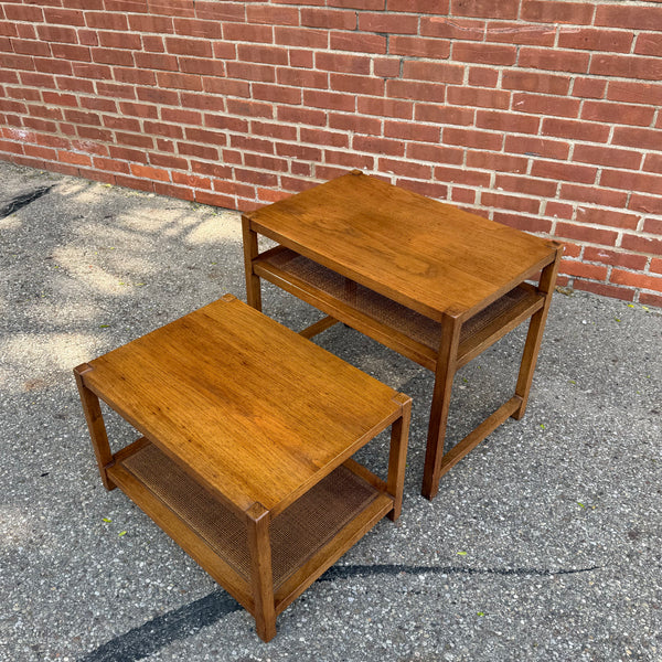 Mid Century Modern Nesting Side Tables with Cane Shelves
