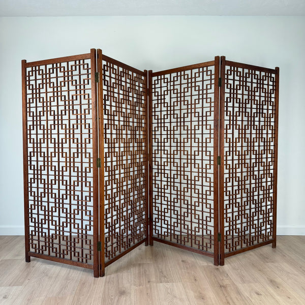 Teak Geometric Lattice Folding Screen Room Divider