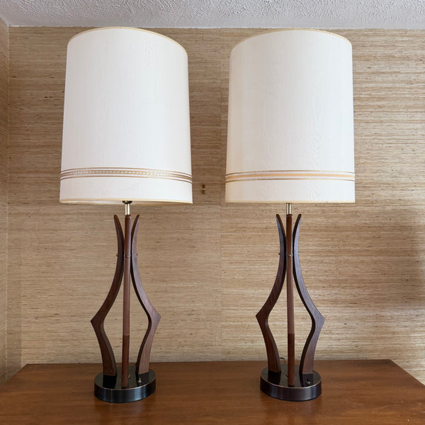 Pair of Sculptural Mid Century Modern Walnut and Brass Table Lamps