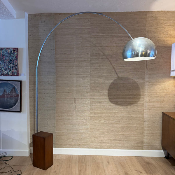 Vintage Mid-Century Modern Arco Style Wood & Chrome Arc Floor Lamp