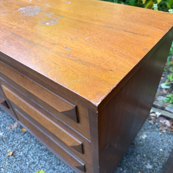 Pair of Vintage Mid-Century Modern Walnut Highboy & Lowboy Dressers with Sculpted Wood Pulls