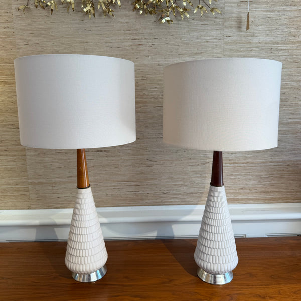 Pair of Mid-Century Modern Ceramic Walnut & Chrome Table Lamps