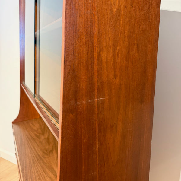 Mid Century Modern Walnut Display Hutch with Sliding Glass Doors