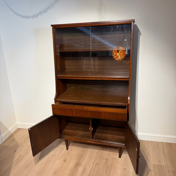 Mid Century Modern Walnut Display Hutch with Sliding Glass Doors