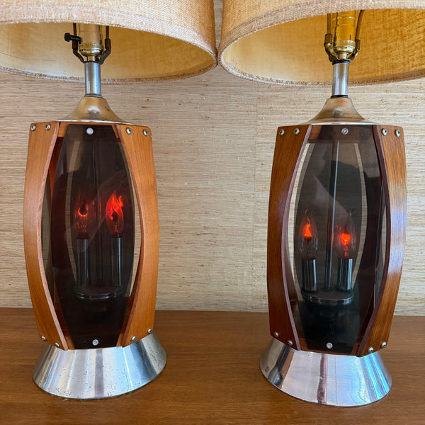 Pair of Vintage Lawrin Mid-Century Modern Walnut Chrome Smoked Plexiglass Table Lamps