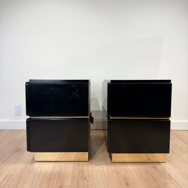 Pair of Black Lacquered Post Modern Nights Stands with Brass Accents