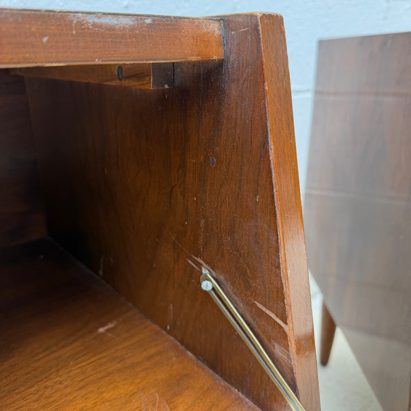 Pair of American of Martinsville “Dania” Walnut Drop-Down Nightstands