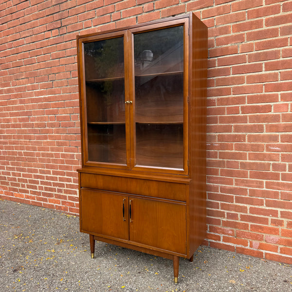 Vintage Mid-Century Modern Petite Walnut & Brass China Cabinet | Hutch