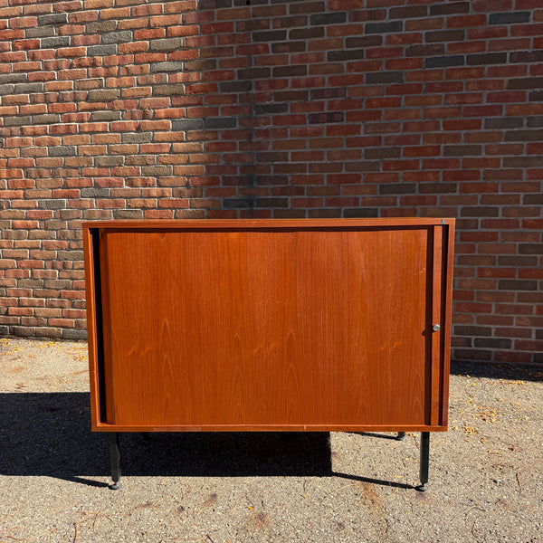 1960s Danish Modern NIPU Teak Tambour Door Storage Cabinet