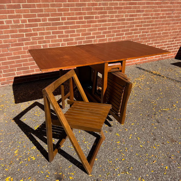 1960s Romanian Mid-Century Modern Walnut Drop-Leaf Hideaway Dining Table & 4 Folding Chairs