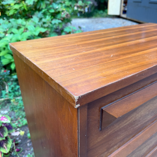 Pair of Vintage Mid-Century Modern Walnut Highboy & Lowboy Dressers with Sculpted Wood Pulls