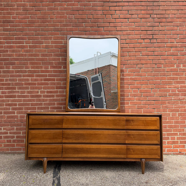 American of Martinsville Walnut Lowboy Dresser with Mirror