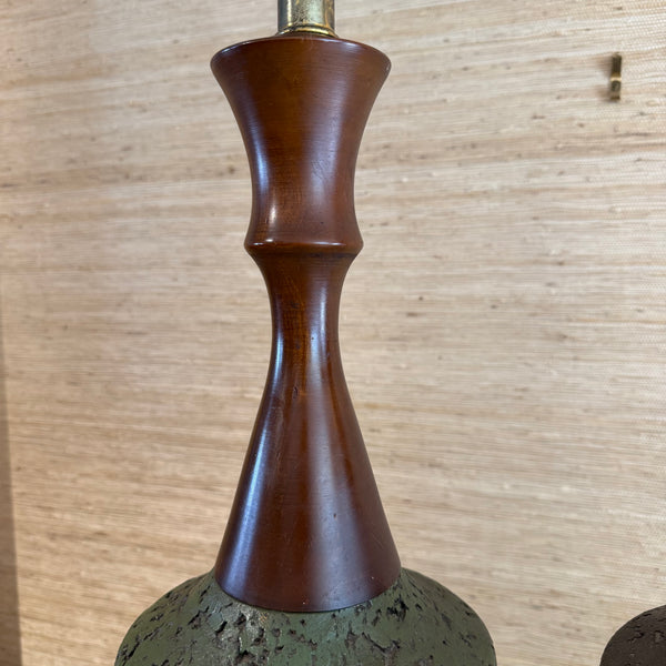 Pair of Mid Century Modern Walnut and Ceramic Table Lamps with Original Shades