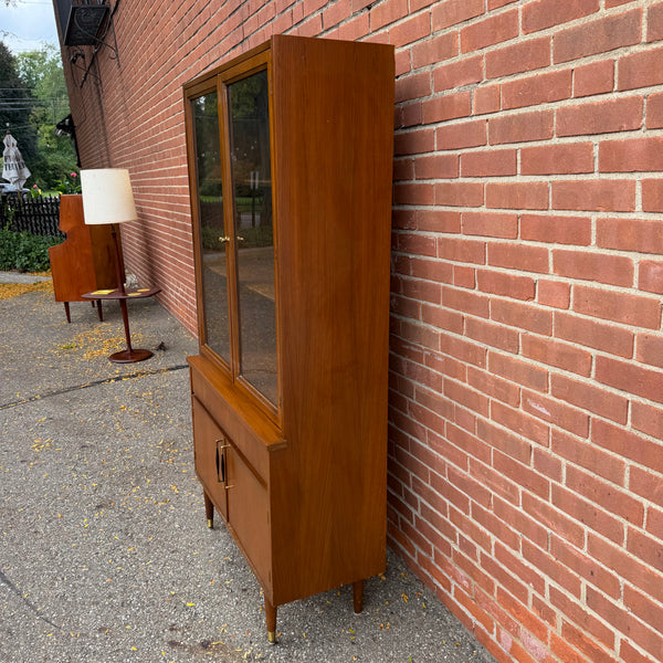 Vintage Mid-Century Modern Petite Walnut & Brass China Cabinet | Hutch