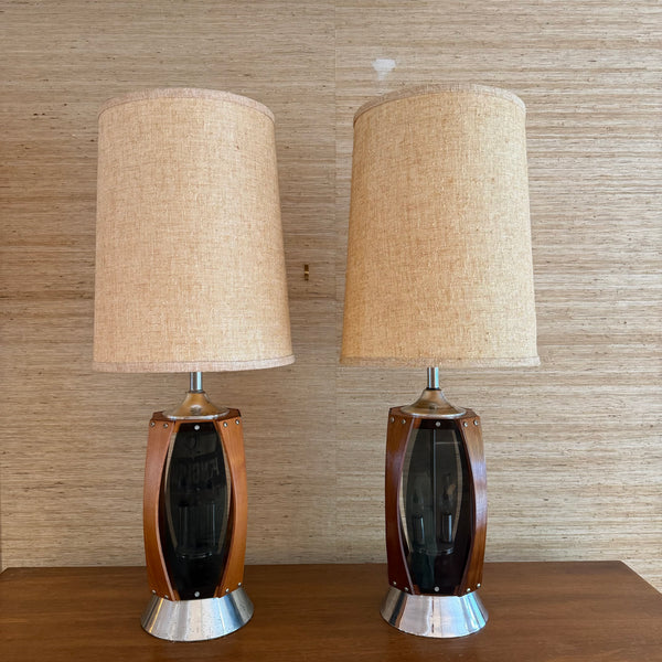 Pair of Vintage Lawrin Mid-Century Modern Walnut Chrome Smoked Plexiglass Table Lamps