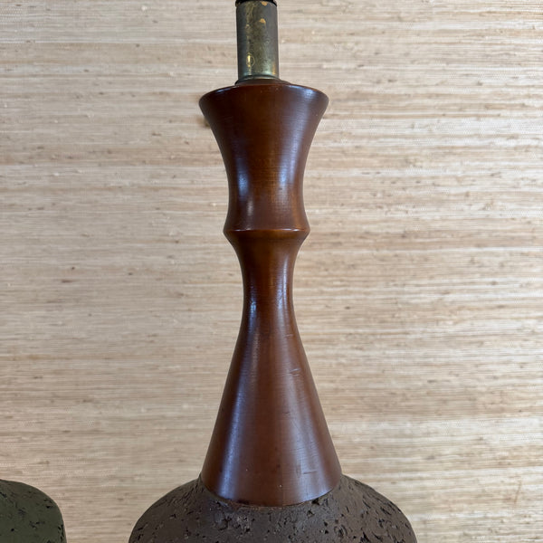 Pair of Mid Century Modern Walnut and Ceramic Table Lamps with Original Shades