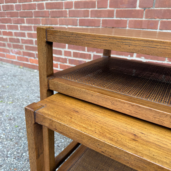 Mid Century Modern Nesting Side Tables with Cane Shelves