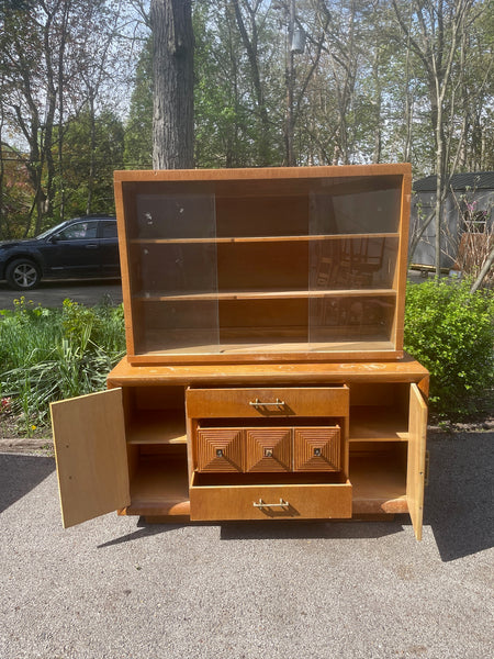 Mid Century Modern Two-Piece Brutalist Style Hutch with Brass Hardware